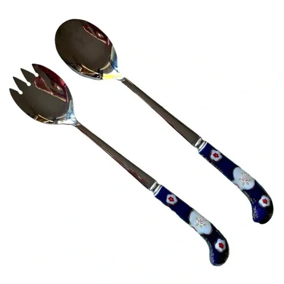 CLOISONNÉ SALAD SERVERS stainless steel SHEFFIELD ENGLAND floral pattern EUC - Picture 16 of 16